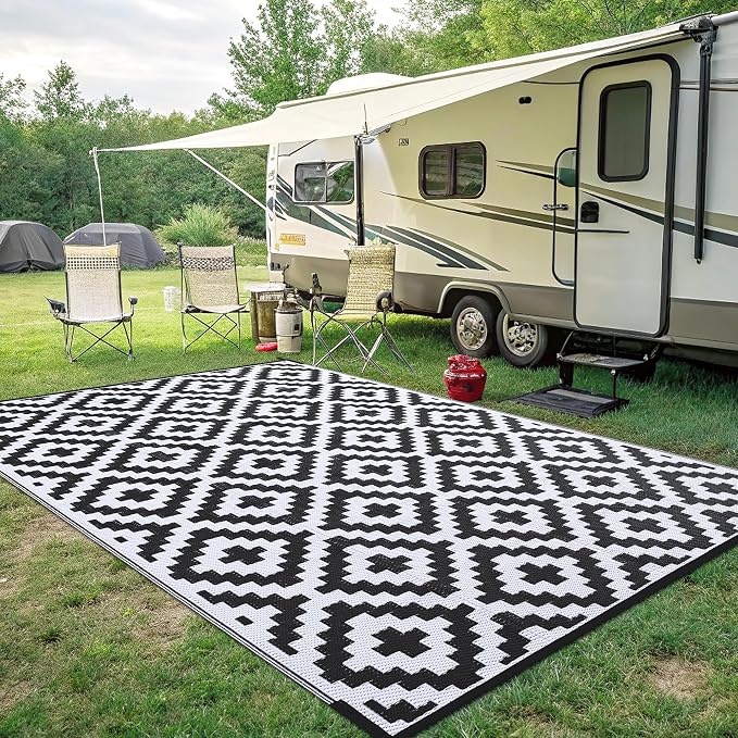 Smiry Waterproof Outdoor Rug 8x10 ft, Reversible Plastic Straw Patio Camping Rugs, Outdoor Indoor RV Mat Carpet for Patio, Outside Entry, Backyard, Deck, Bench, Picnic, Camper, Black & White - Image 7