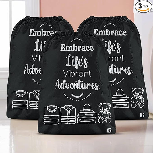 Kuber Industries Pack of 3 Cloth Storage Bag | Non-Woven Storage Organizer | Travel Cloth Carrying Bag | Garments Cover for Laundry | Travel Storage Organizer for Clothing | Large | Black by Kuber+Industries