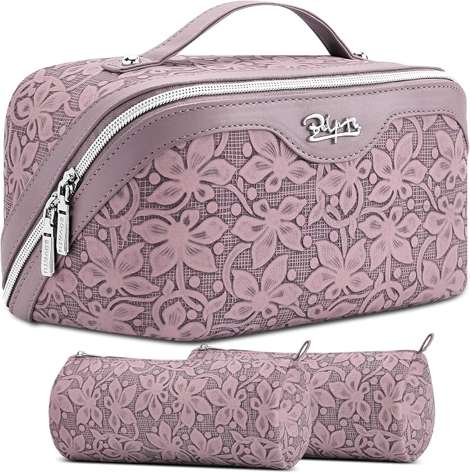 BOYATU Travel Makeup Bag Cosmetic Bags for Women: Large Capacity 3 Pcs Set Make up Bag with Compartments - Waterproof Vegan Leather Toiletry Organizer Bags with Handle (Z-64Purple) by BOYATU