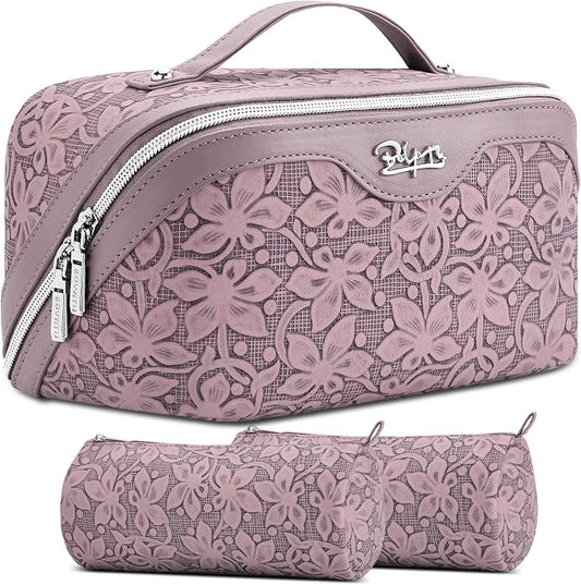 BOYATU Travel Makeup Bag Cosmetic Bags for Women: Large Capacity 3 Pcs Set Make up Bag with Compartments - Waterproof Vegan Leather Toiletry Organizer Bags with Handle (Z-64Purple) by BOYATU