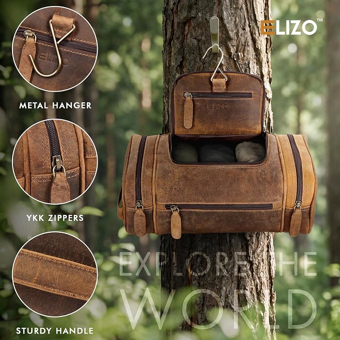 ELIZO Real Leather Toiletry Bag for Men - Extra Large Hanging Travel Organizer for Toiletries, Ideal for Dopp Kit & Shaving Kit for Men, Essential Mens Travel Toiletry Bag for Toiletries (Grizzly) - Image 3