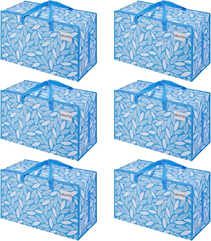 VENO 6 Pack Extra Large Heavy Duty Moving Bags with Wide Opening & Reinforced Handles, Reusable Storage Tote Bags with Strong Zippers for Clothes, College Dorm Essentials & Moving Supplies by Veno