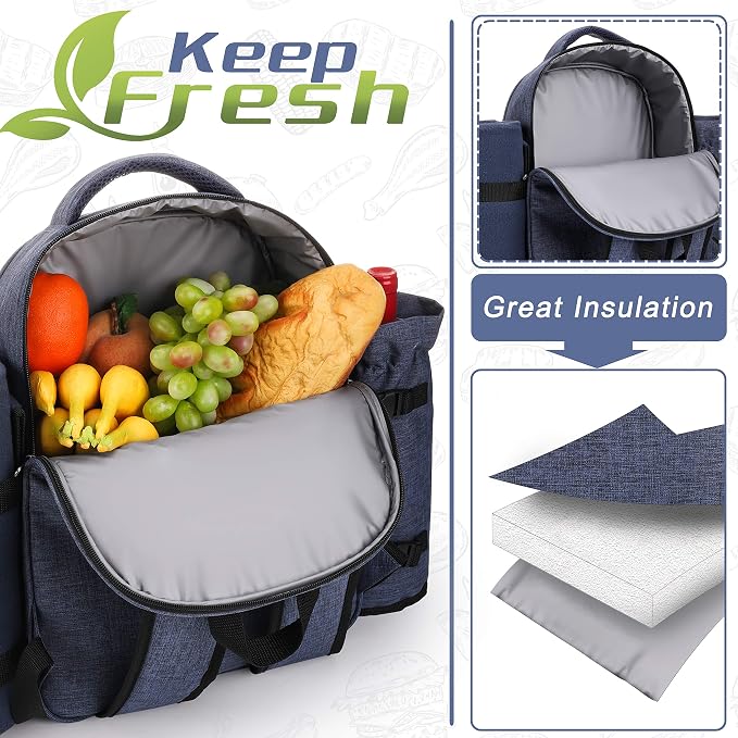 Apollo Walker Picnic Backpack Bag for 2 Person with Cooler Compartment, Detachable Bottle/Wine Holder, Fleece Blanket, Plates and Cutlery Set (2 Person, Navy) - Image 4