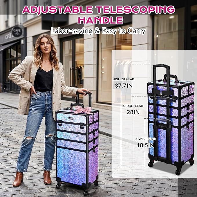BYOOTIQUE Rolling Makeup Case 4in1 Cosmetology case on wheels Makeup Artist | Aluminum Rolling Makeup Suitcase 360° Detachable Wheel Lockable 54Lb Large Capacity Organizer Nail Tech Mermaid Purple - Image 5