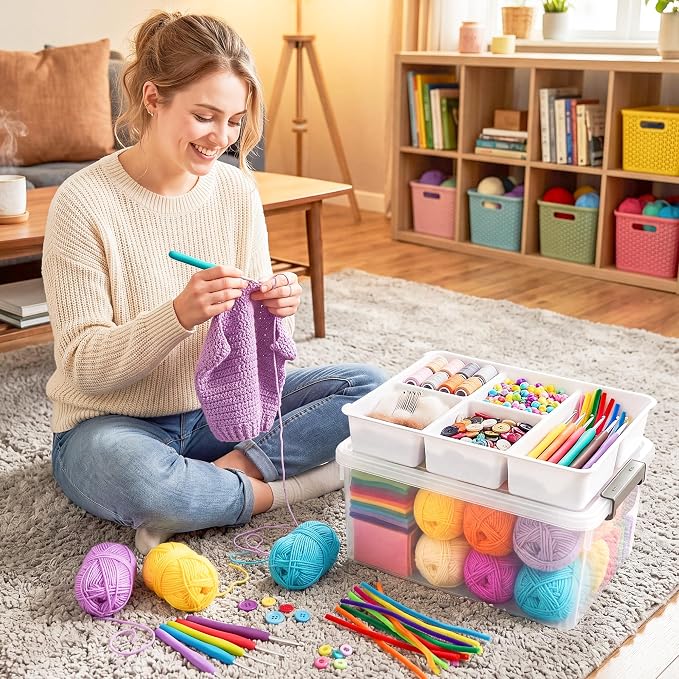 Citylife 17QT 2Packs Clear Craft Organizers and Storage Box with Tray | Stackable Art Supply Organizer Storage Bins with Lids for Beads, Markers, Sewing, Tools, Playdoh, Coloring Books, Made in USA - Image 4