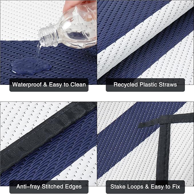 PureCozy Outdoor Waterproof Patio Rug 8x10 Plastic Straw Reversible Lightweight Outside Navy Blue Striped Large Carpet Outdoor for Camping RV Porch Deck Balcony Beach - Image 7