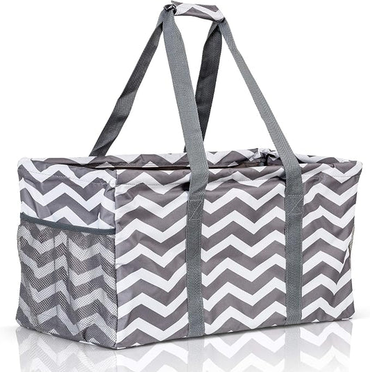 Extra Large Utility Tote Bag - Oversized Collapsible Reusable Wire Frame Rectangular Canvas Basket With Two Exterior Pockets For Beach, Pool, Laundry, Car Trunk, Storage - Chevron Gray by Lucazzi
