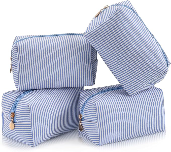 Makeup Bag Set for Women, 4PCS Travel Cosmetic Bags Pencil Case, Striped Seersucker Toiletry Organizer Pouches, Cute Makeup Pouch for Purse, Accessories and Gifts, Blue by Unknown
