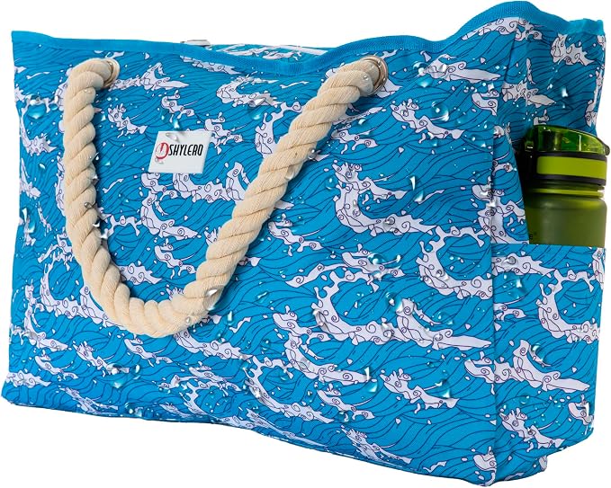 Beach Bag and Pool Bag Has Cooler Pocket, 7 Pockets Total, Zip Top. Family Size Waterproof Beach Tote by SHYLERO