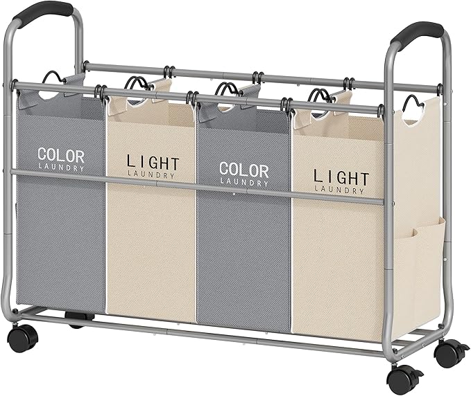 Tajsoon Laundry Sorter 4 Sections with Removable Bags, Beige & Grey | Laundry Separator Hamper with Heavy Duty Lockable Rolling Wheels, Laundry Divider for Dirty Clothes Storage by Tajsoon