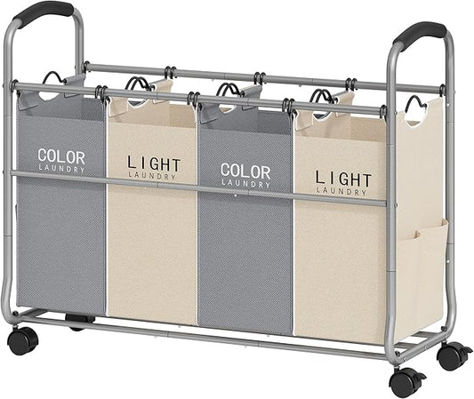 Tajsoon Laundry Sorter 4 Sections with Removable Bags, Beige & Grey | Laundry Separator Hamper with Heavy Duty Lockable Rolling Wheels, Laundry Divider for Dirty Clothes Storage by Tajsoon