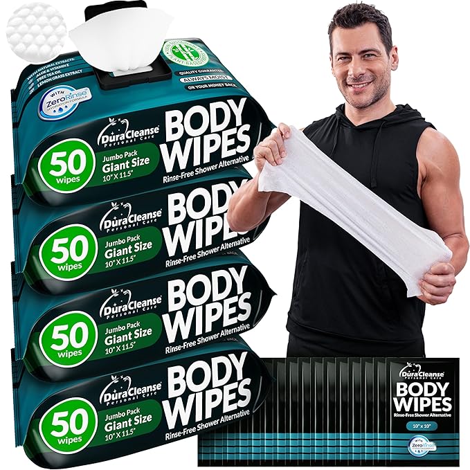 After Gym Body Wipes for Men (4 Pack) – 200 XL No Rinse Shower Wipes + 16 Travel Bath Sheets, 10" x 11.5" Disposable Washcloths for Bathing, Camping, Survival Gear and Travel