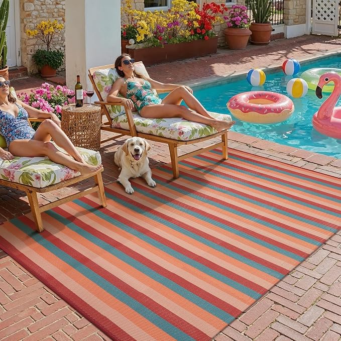 PureCozy Outdoor Waterproof Patio Rug 6x9 Plastic Straw Reversible Outside Orange Red Colorful Striped Carpet Lightweight Large Rug for Camping RV Porch Deck Balcony Beach by PureCozy
