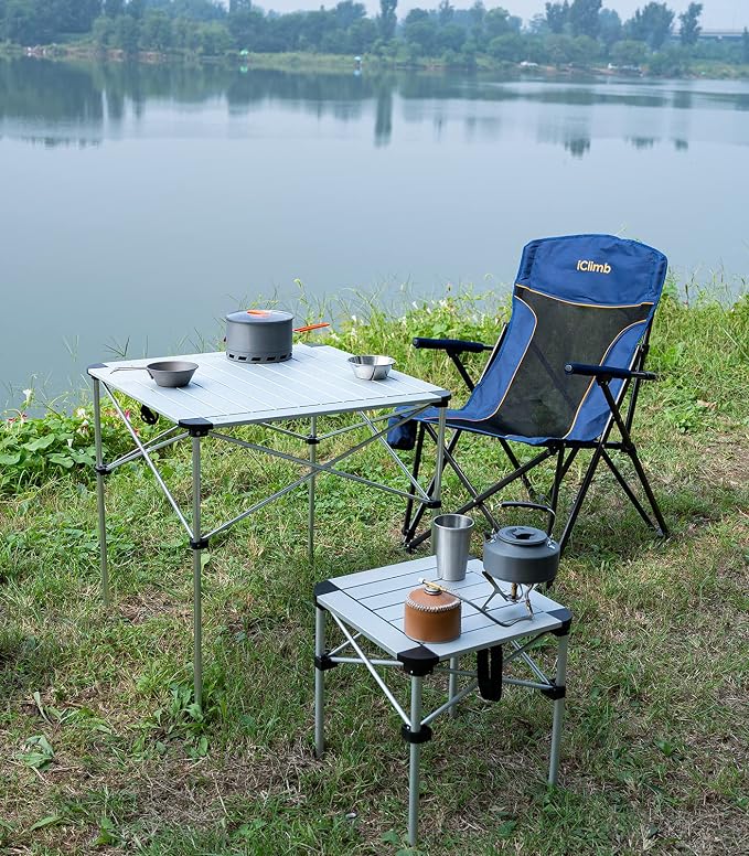 iClimb Lightweight Stable Alu. Folding Square Table Roll Up Top with Carry Bag for Camping Picnic Backyards BBQ Camp Kitchen (Silver, L) - Image 8
