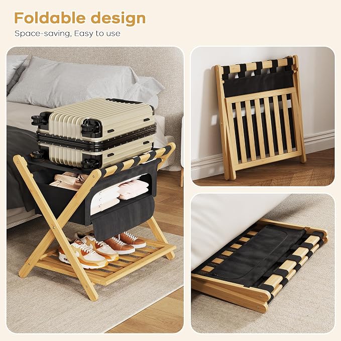 Full Assembled 26.77"L Luggage Rack for Guest Room, Set of 2 Foldable Suitcase Stand with 5 Nylon Straps & Cloth Bag, Luggage Stand Holder with Shoe Shelf for Suitcases Hotel (Natural Wood Bamboo) - Image 5