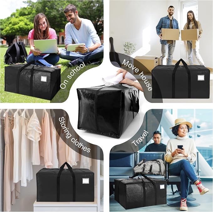 VELVETSURE 12 Pack Heavy Duty Large Moving Bags W/Backpack Straps - Strong Handles & Zippers, Storage Totes, Fold Flat, Alternative to Moving Box and Storage Bin, Semi-Transparent+Blue+Black - Image 6