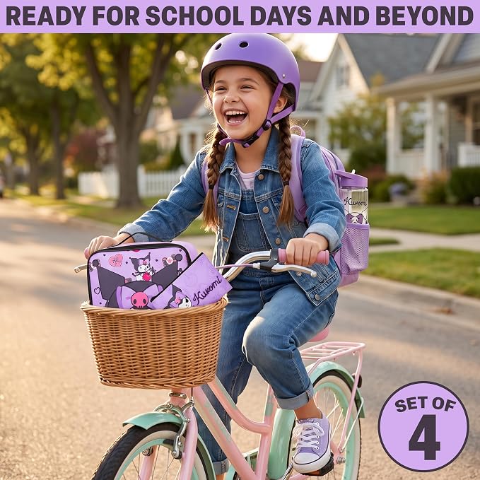 Get Trend Kuromi Girls Backpack, Lunch Bag, Pencil Case, Water Bottle | Sanrio 4 Pc Set, 18in Bookbag, Insulated Lunch Bag, Pencil Pouch & 16.9 fl oz BPA-Free Water Bottle, School, Gifts for Girls - Image 5