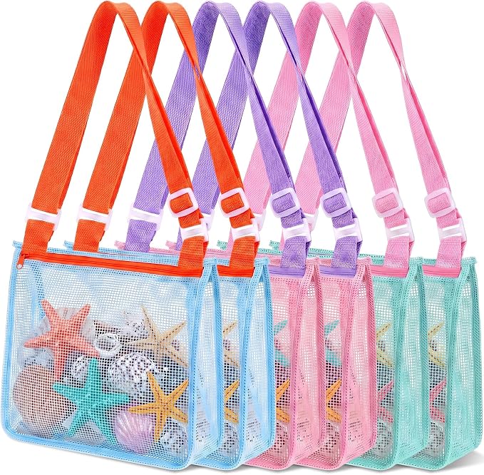 Frienda 6 Pcs Mesh Beach Bag Beach Seashell Bag Shell Collecting Sand Toy Totes Colorful Swimming Accessories Storage Pouch with Adjustable Carrying Straps for Men and Women (Colors L) by Frienda