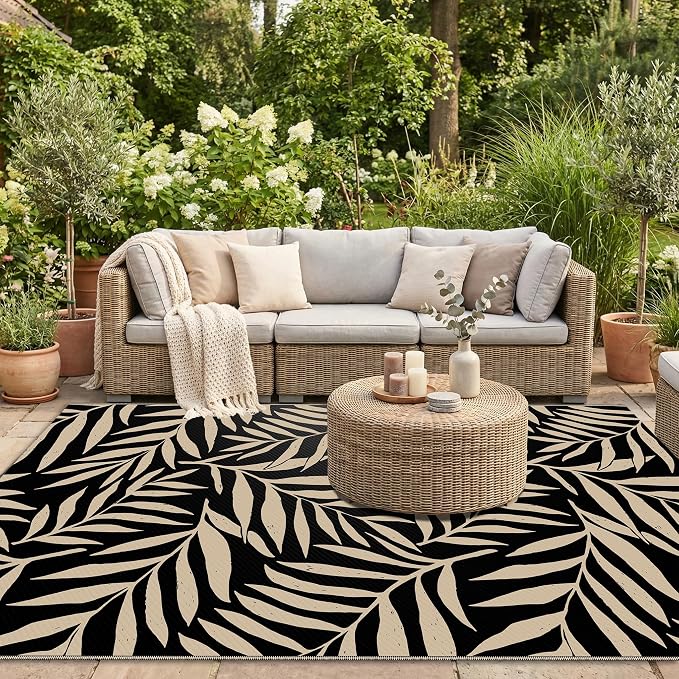 Smiry Outdoor Rug 5x8 ft, Waterproof Reversible Plastic Straw Rugs, Outdoor Area Rug with Leaf Pattern, Outside Floor Mat for Patio, Backyard, Deck, Picnic, Beach, Camping, Black & Beige - Image 5