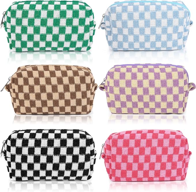 SOIDRAM 6 Pcs Checkered Makeup Bag Preppy Cosmetic Bag Bulk Pink Black Makeup Pouch Personalize Travel Toiletry Bag Organizer Cute DIY Makeup Brushes Storage Bag for Women by SOIDRAM