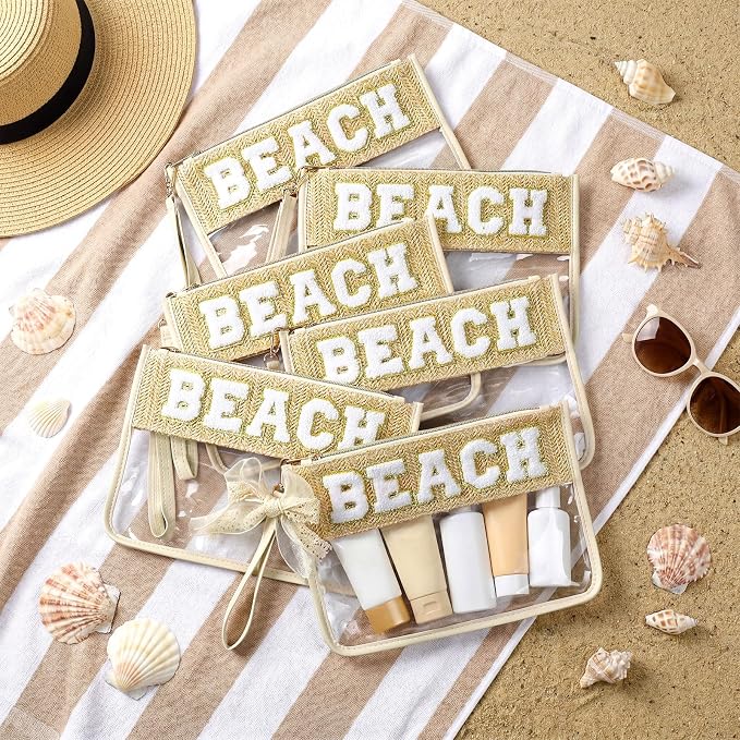 8 Pcs Boho Woven Straw Beach Makeup Bag Bulk Chenille Letter Bag Nylon Makeup Clear Zipper Pouch Preppy Waterproof Beach Necessities Vacation Essentials Toiletry Organizer for Women - Image 5