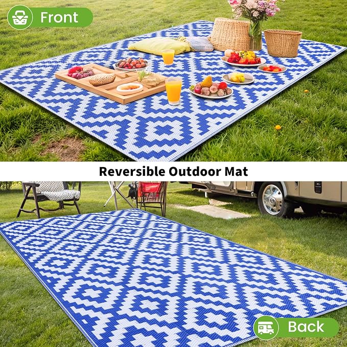 Smiry Waterproof Outdoor Rug 10X14 ft, Reversible Plastic Straw Patio Camping Rugs, Outdoor Indoor RV Mat Carpet for Patio, Outside Entry, Backyard, Deck, Bench, Picnic, Camper, White & Blue - Image 6