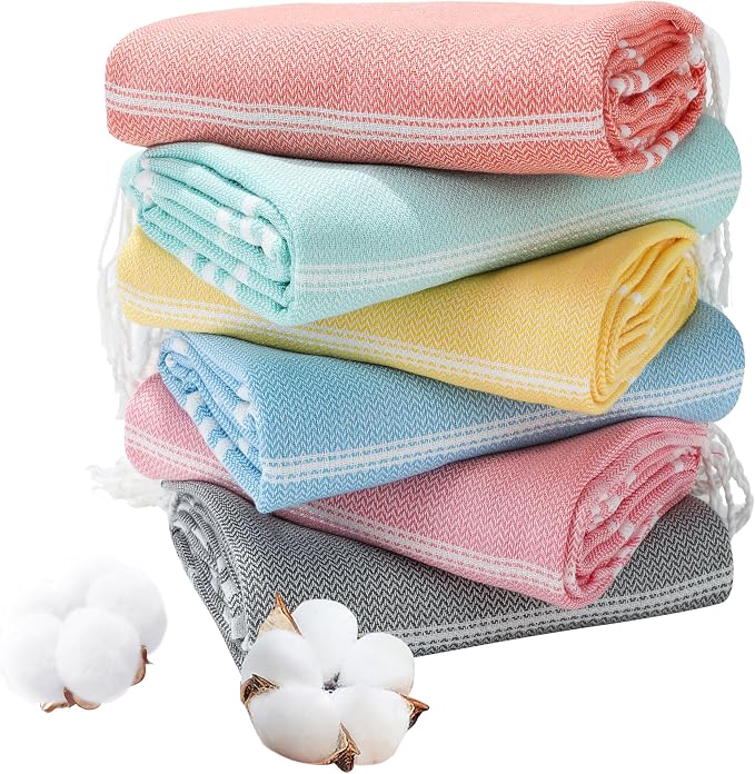 Genovega 6 Packs Oversized Turkish Beach Bath Towel Set Bulk 74"x38" Extra Large Sand Free Quick Dry Swim Camping Pool Clearance Towels Travel Blanket Adult Essentials Multi Stripe by genovega