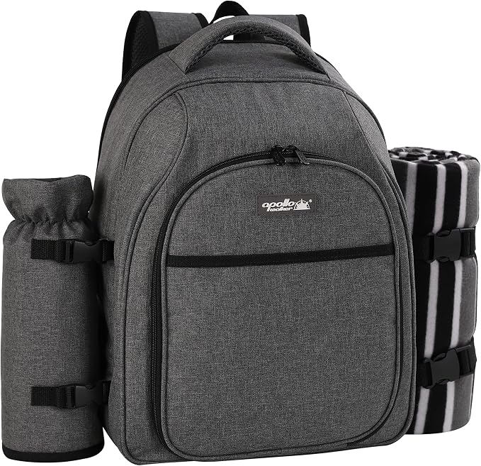 apollo walker Picnic Backpack Bag for 2 Person with Cooler Compartment, Detachable Bottle/Wine Holder, Fleece Blanket, Plates and Cutlery Set (2Person,Grey) - Image 7