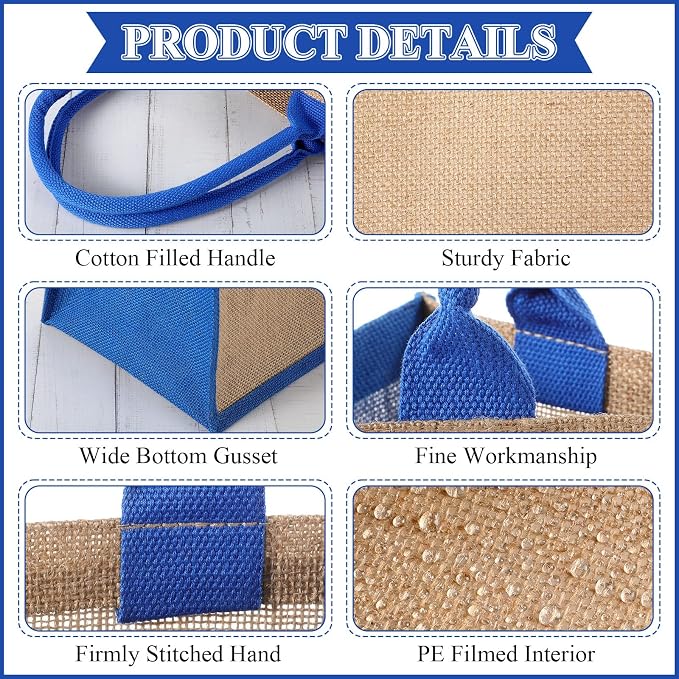 Saintrygo 12 Pcs Burlap Jute Tote Bags with Handle Reusable Blank Bridesmaid Gift Bags for Shopping Wedding DIY, 12x12x7.7In(Jute and Blue) - Image 3