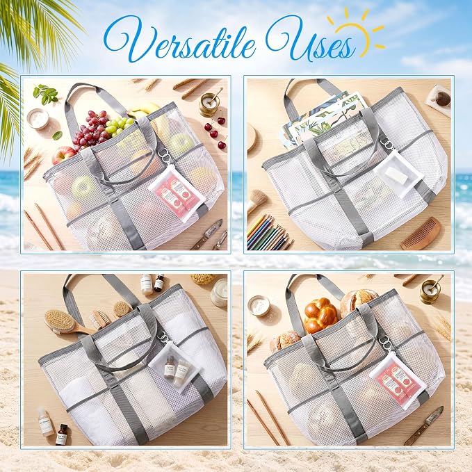 Hillban Large Mesh Beach Bag Bulk for Women Waterproof Sandproof Pool Tote Bag with 8 Pocket Small Zipper Pouch with Ring - Image 6