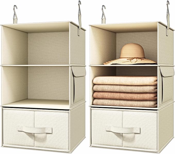 Vailando 3-Shelf Hanging Closet Organizer, Set of 2 Hanging Shelves with 2 Drawers for Wardrobe, Nursery, Baby Clothes Storage and Organization, Beige by Vailando