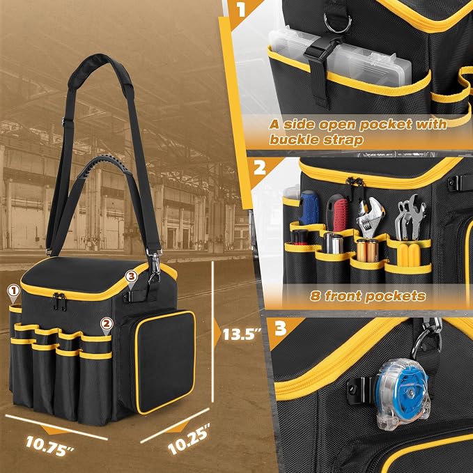 Marscamd Tool Bag with a Detachable Divider and Shoulder Strap, Heavy Duty Tool Tote with Multiple Pockets, Black - Image 4