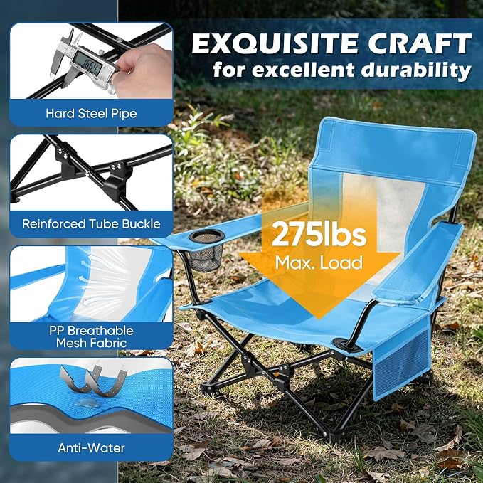 HaSteeL Low Beach Chair Set of 2, Foldable Blue Camping Chair with Adjustable Umbrella Set for Adults, Lightweight Portable Lawn Chairs for Fishing, Picnic, Outdoor BBQ, Travel, Sports - Image 3
