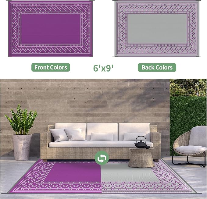 GENIMO Outdoor Rug, Waterproof Plastic Rugs for Patio, 6'x9' Purple Grey | Outside Larger Modern Carpet Mat for Porch Decor, Deck, Balcony, Camping, RV, Backyard, Picnic, Beach, Reversible - Image 5