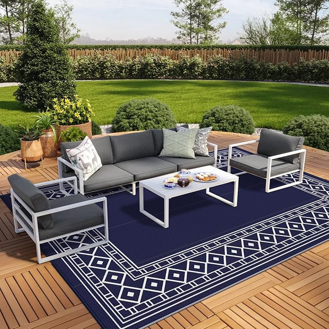 GENIMO Outdoor Rug Waterproof for Patio Decor, 9'x12' Foldable Reversible Plastic Straw Carpet for Travel Trailers, Outside Area Mat for Rv, Deck, Picnic, Porch, Camper, Balcony, Beach, Blue & White | Outside Larger Modern Carpet Mat for Porch Decor, D... by GENIMO
