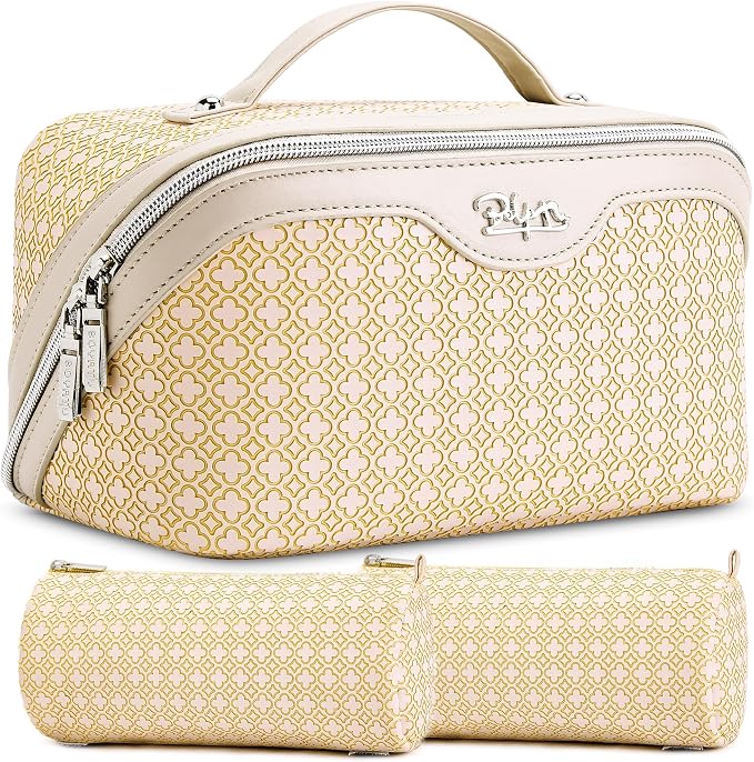BOYATU Travel Makeup Bag for Women: Four Leaf Clover Large Capacity 3 Pcs Set Cosmetic Bags - Waterproof 50% Extra Space for Toiletry Organizer - Travel Essentials for Fortunate (09 Yellow) by BOYATU