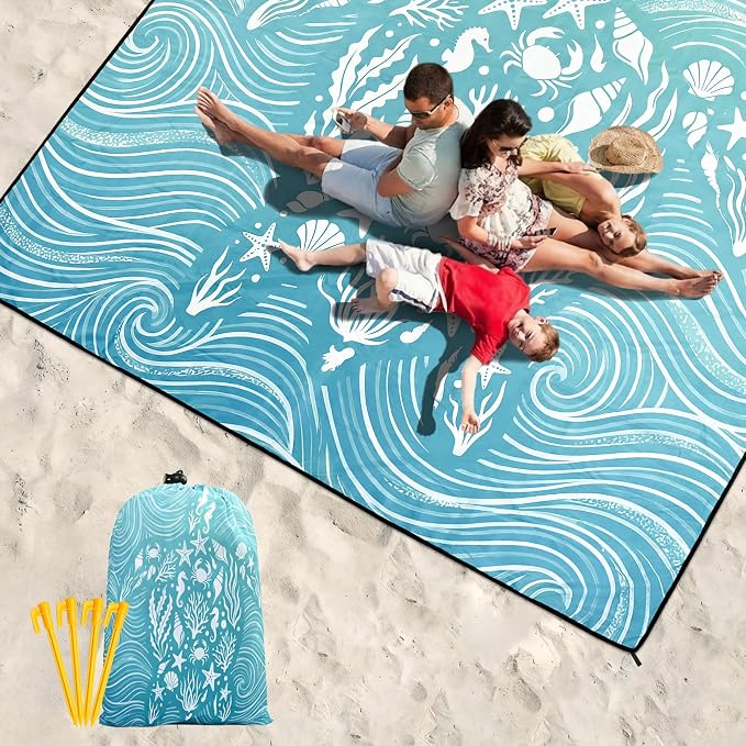 HIHOHO Beach Blanket Waterproof Sandproof Beach Mat 79”x 83” for 1-8 Adults Quick Drying Durable Outdoor Picnic Mat for Beach Festival Travel Camping Hiking (Wave Turtle-BL, 79"×83"(4 Person)) - Image 6