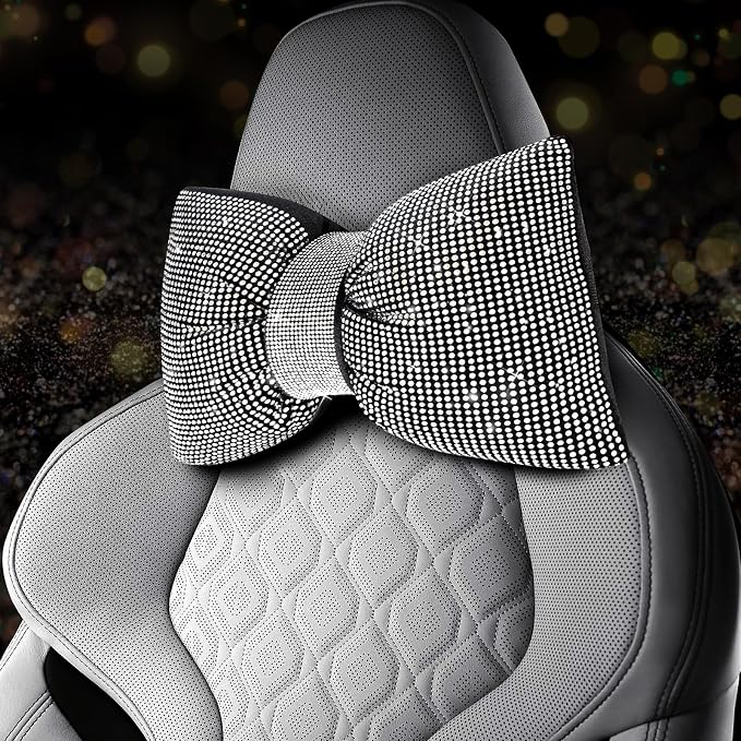 4 PCS Bling Car Pillows,Rhinestones Bowknot Car Headrest Pillow,White | Car Neck Pillow for Driver Relax Neck Support,Sleeping Travel Support Neck Pillow,Diamond Interior Accessories for Women - Image 2