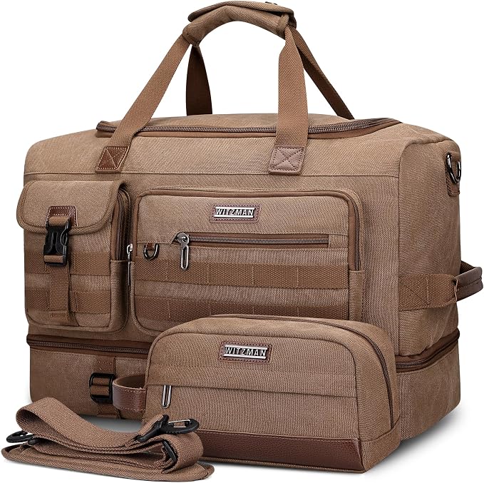 WITZMAN Duffle Bag for Men 50L Travel Canvas Weekender with Toiletry Bag | With Shoe Compartment and Dry-wet Pocket, Convertible, Carry On, One Duffel for Gym, Sports, Overnight, A8010/2 Brown by WITZMAN