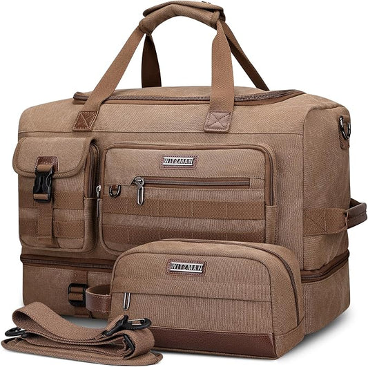 WITZMAN Duffle Bag for Men 50L Travel Canvas Weekender with Toiletry Bag | With Shoe Compartment and Dry-wet Pocket, Convertible, Carry On, One Duffel for Gym, Sports, Overnight, A8010/2 Brown by WITZMAN