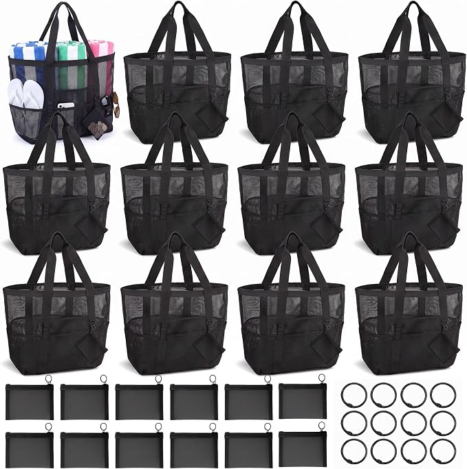 Hillban Large Mesh Beach Bag Bulk for Women Waterproof Sandproof Pool Tote Bag with 8 Pocket Small Zipper Pouch with Ring by Hillban