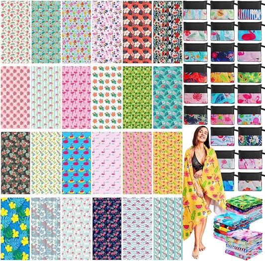 Peryiter 48 Pcs Microfiber Beach Towel with Bags Bulk, 24 Large Quick Dry Pool Towels and 24 Storage Bags, 30 x 60 Inch Turtle Leaf Blanket for Beach Swimming Summer Party Camping Travel Women by Peryiter