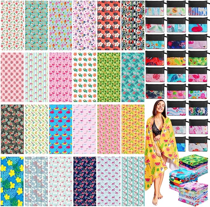 Peryiter 48 Pcs Microfiber Beach Towel with Bags Bulk, 24 Large Quick Dry Pool Towels and 24 Storage Bags, 28 x 55 Inch Turtle Leaf Blanket for Beach Swimming Summer Party Camping Travel Women by Peryiter