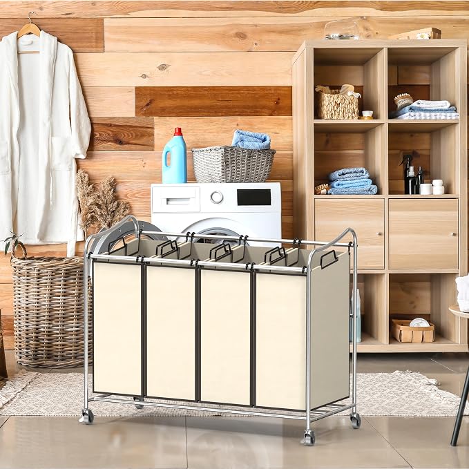 Simple Houseware 4-Bag Heavy Duty Rolling Laundry Sorter Cart, Chrome | Removable Bags and Lockable Wheels for Laundry Room Organization - Image 3