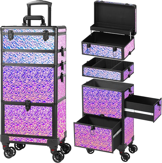 Rolling Makeup Case with Large Drawer, Makeup Train Case with Tray, Cosmetology Case on Wheels, Travel Makeup Case Organizers, Professional for Salon Barber, Nail, Tattoo, Multicolor Purple by Unknown