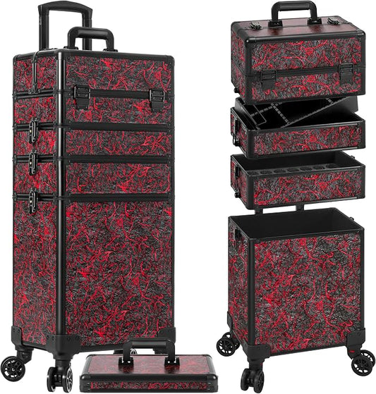 Rolling Makeup Train Case with Lid Cosmetology Case on Wheels | 5 in 1 Large Cosmetic Trolley Organizer Travel for Hairstylist Artist Nail Beauty Salon Barber Cart Trunk, Red by Unknown