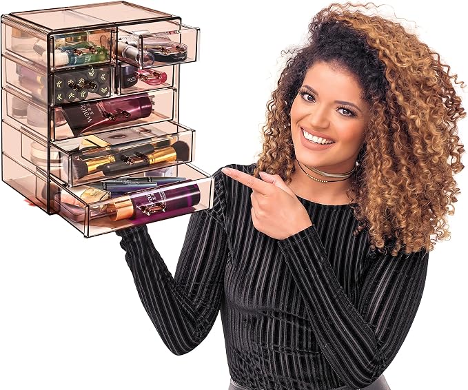 Sorbus Acrylic Makeup Organizer Set, 7-Drawer Vanity & Countertop Cosmetic Storage with Small & Wide Drawers, Bronze Glow Makeup Storage for Brushes, Lipsticks, Jewelry, Holiday Gift for Women & Teens - Image 7