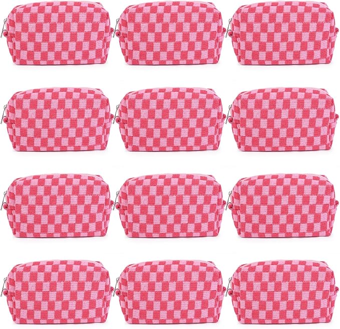 SOIDRAM 12PCS Checkered Makeup Bag Preppy Cosmetic Bag Bulk Hot Pink Makeup Pouch Personalize Travel Toiletry Bag Organizer Cute DIY Makeup Brushes Storage Bag for Women - Image 4