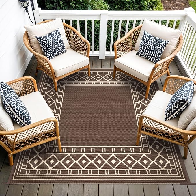 GENIMO Outdoor Rug, Waterproof Plastic Rugs for Patio, 10'x10' Coffee Beige | Outside Larger Modern Carpet Mat for Porch Decor, Deck, Balcony, Camping, RV, Backyard, Picnic, Beach, Reversible - Image 5