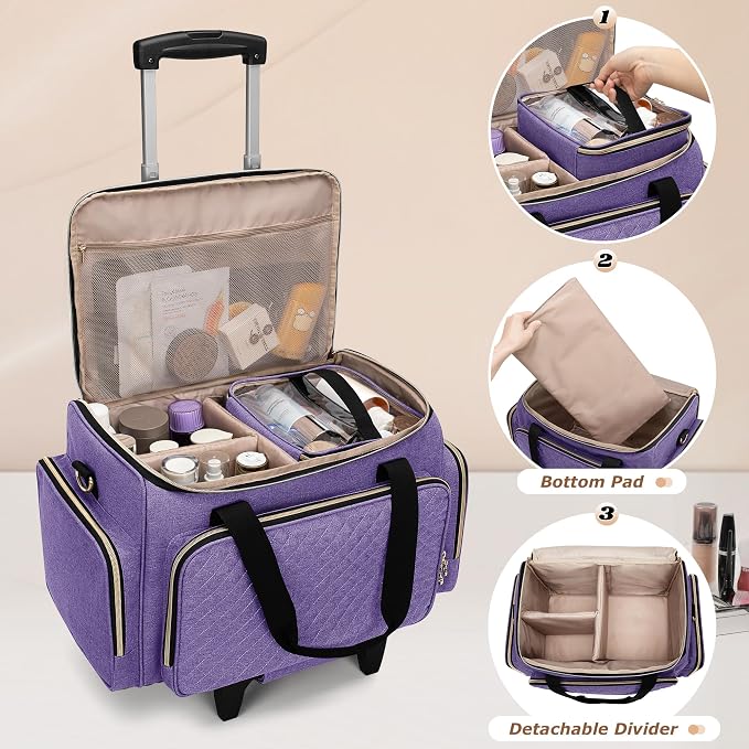LUXJA Rolling Makeup Case with 3 Removable Makeup Bags and 1 Brush Holder | Large Cosmetic Bag with Detachable Shoulder Strap and Dolly, Professional Train Case with Multiple Storage Pockets, Purple - Image 2
